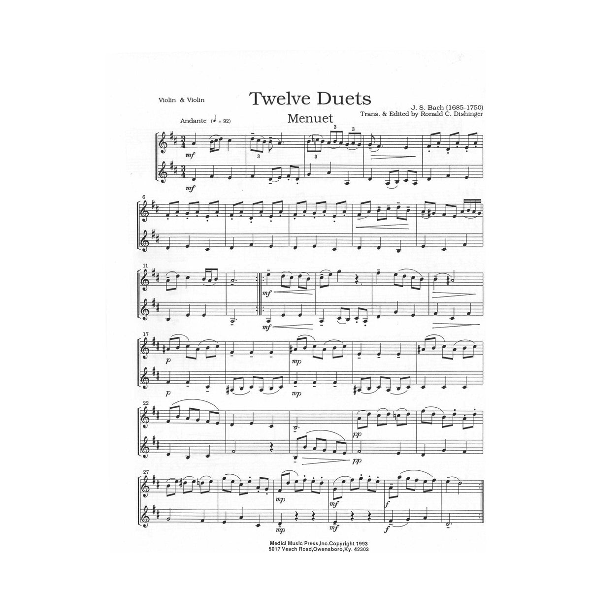 Bach, JS - 12 Duets (from Anna Magdalena Bach Notebook) - for Two Violins - arranged by Ronald C Dishinger - Medici Music Press