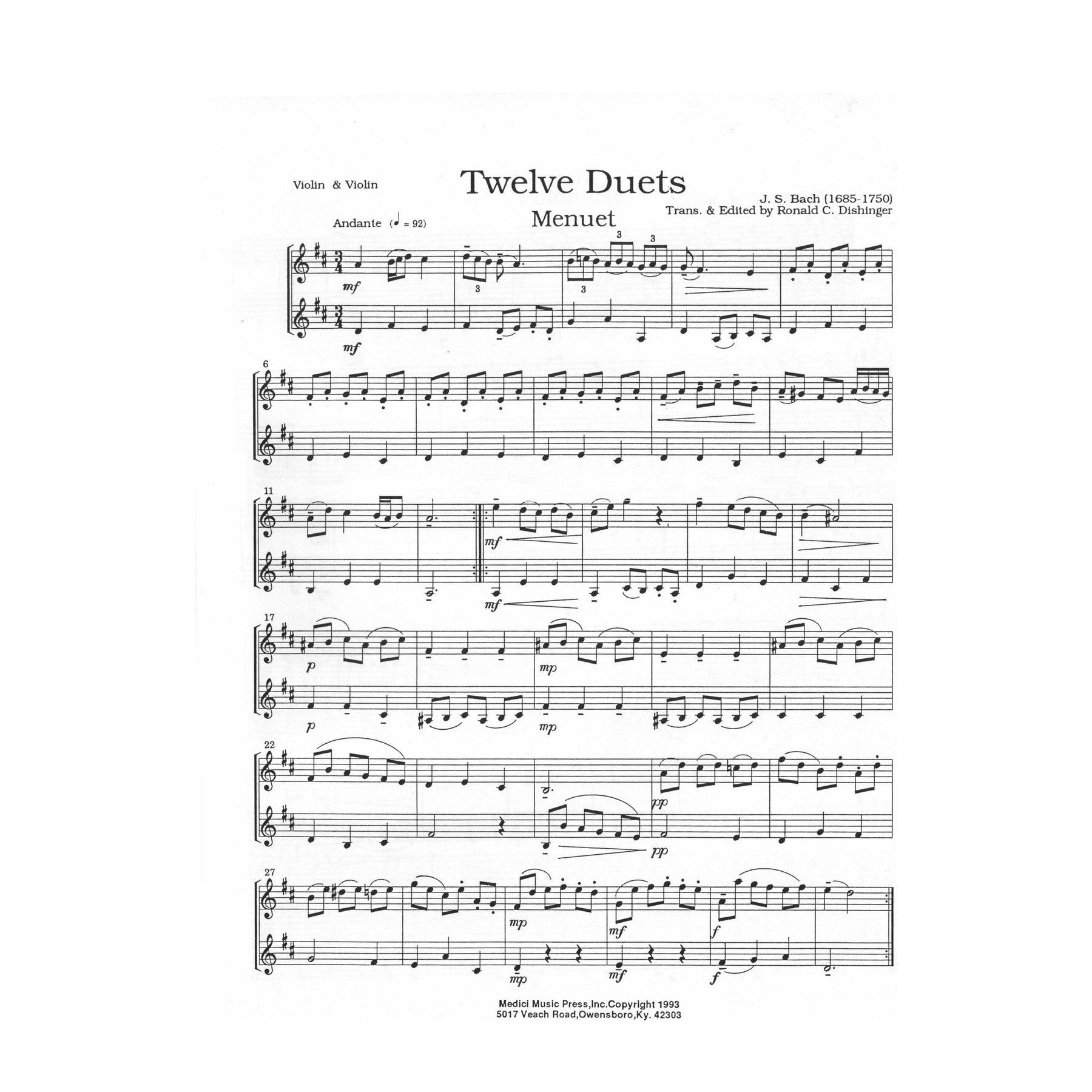 Bach, JS - 12 Duets (from Anna Magdalena Bach Notebook) - for Two Violins - arranged by Ronald C Dishinger - Medici Music Press