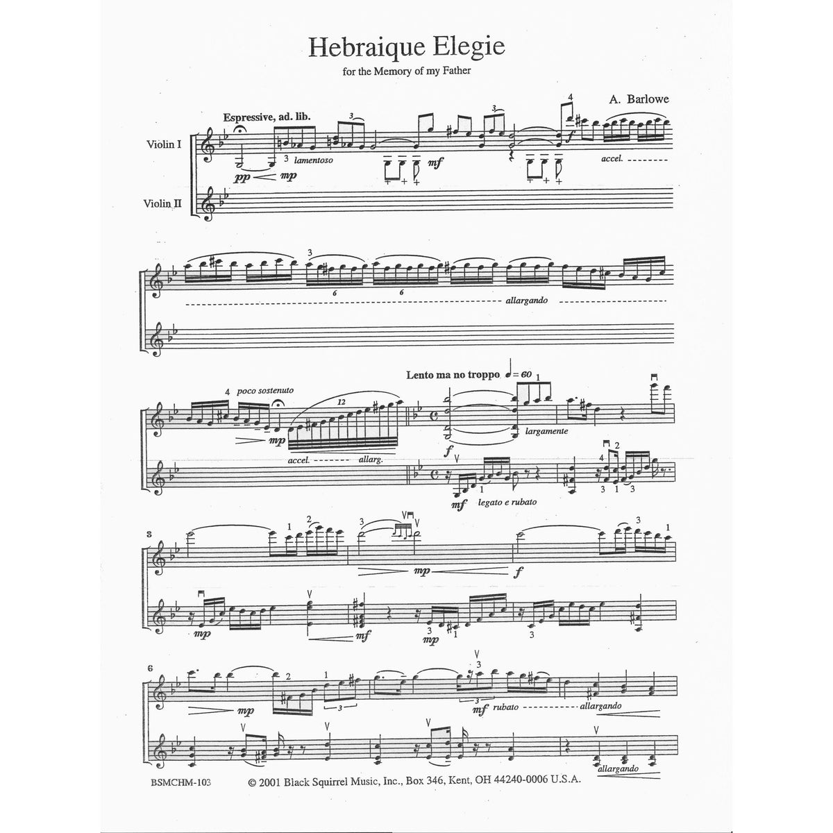 Barlowe, Amy - Hebraique Elegie for Two Violins - Black Squirrel Publication