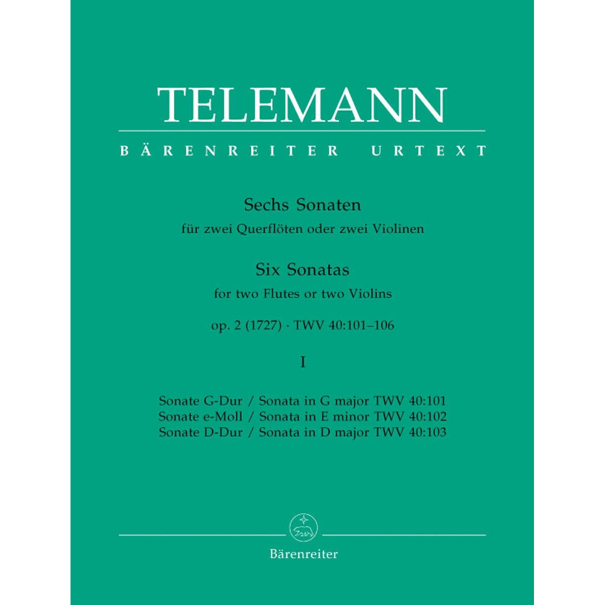 Telemann, Six Sonatas for Two Flutes or Two Violins, Op 2, TWV 40:101-106, Volume I - edited by Gunter Hauswald - Barenreiter URTEXT