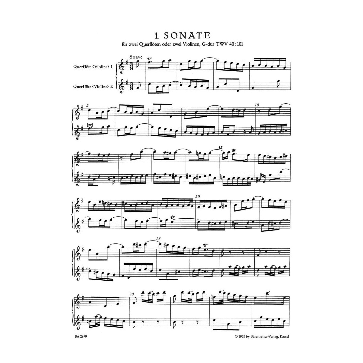 Telemann, Six Sonatas for Two Flutes or Two Violins, Op 2, TWV 40:101-106, Volume I - edited by Gunter Hauswald - Barenreiter URTEXT