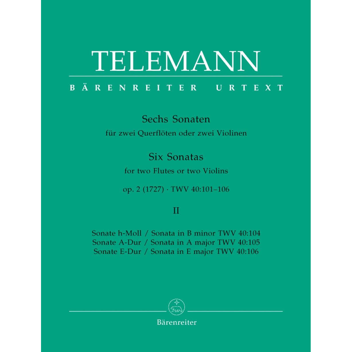 Telemann, Georg Philipp - Six Sonatas for Two Flutes or Two Violins, Op 2, TWV 40:101-106, Vol II - edited by Gunter Hauswald - Barenreiter URTEXT
