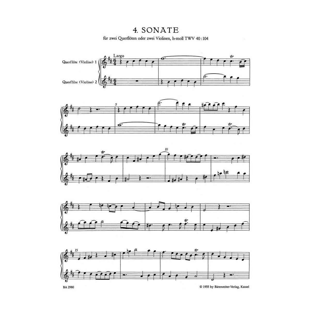 Telemann, Georg Philipp - Six Sonatas for Two Flutes or Two Violins, Op 2, TWV 40:101-106, Vol II - edited by Gunter Hauswald - Barenreiter URTEXT