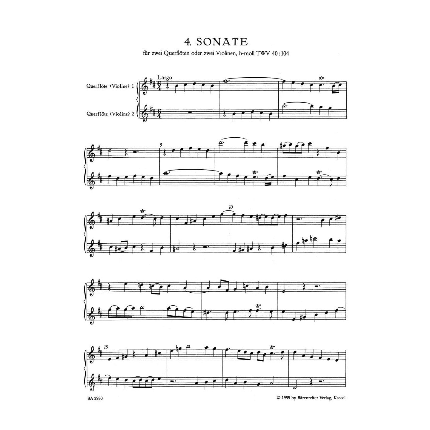 Telemann, Georg Philipp - Six Sonatas for Two Flutes or Two Violins, Op 2, TWV 40:101-106, Vol II - edited by Gunter Hauswald - Barenreiter URTEXT