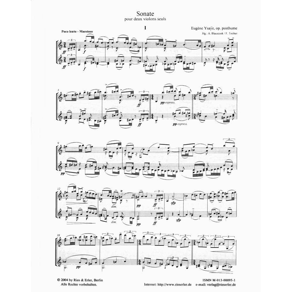 Ysaÿe, Eugène - Sonata for Two Violins Op Posthumous Published by Carl Fischer