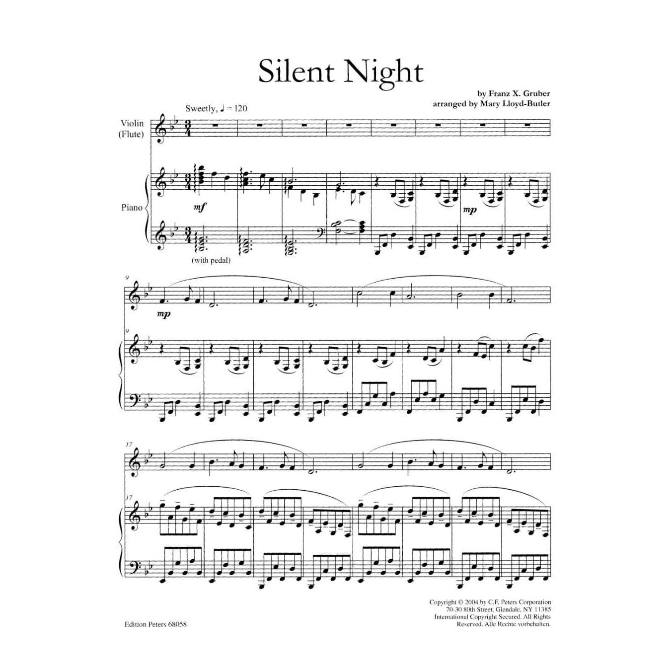 Butler, Mary - Silent Night For Violin andPiano Peters Edition