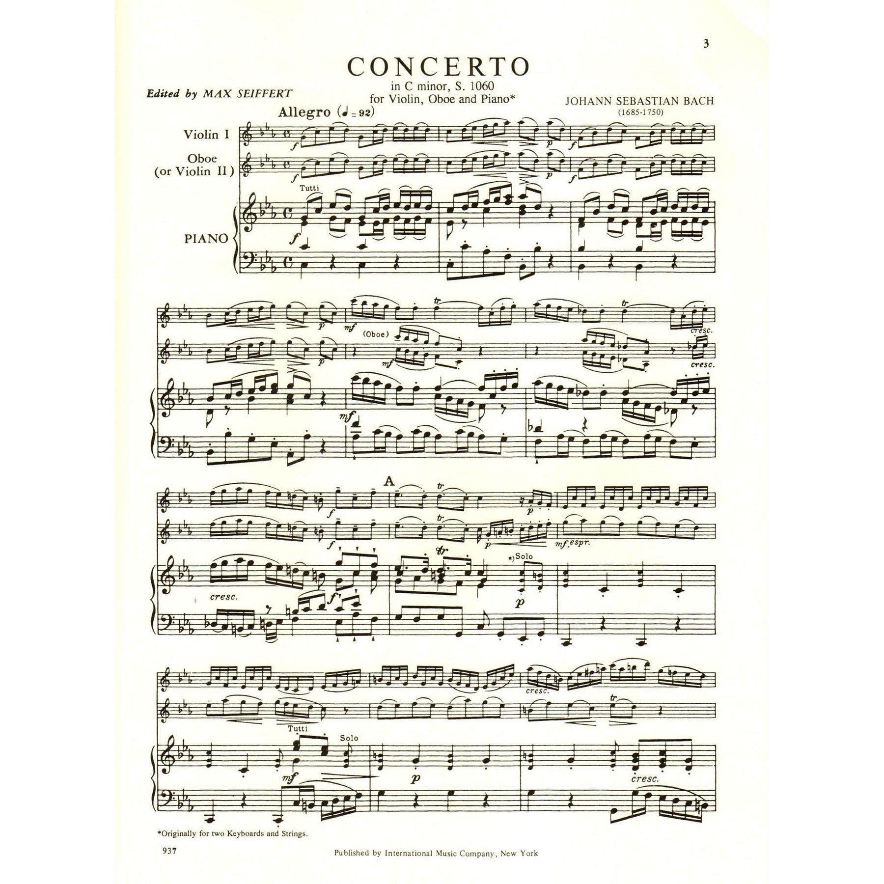 Bach, JS - Concerto in c minor, BWV 1060R - Violin, Oboe, and Piano / Two Violins and Piano - edited by Max Seiffert - International Music Company