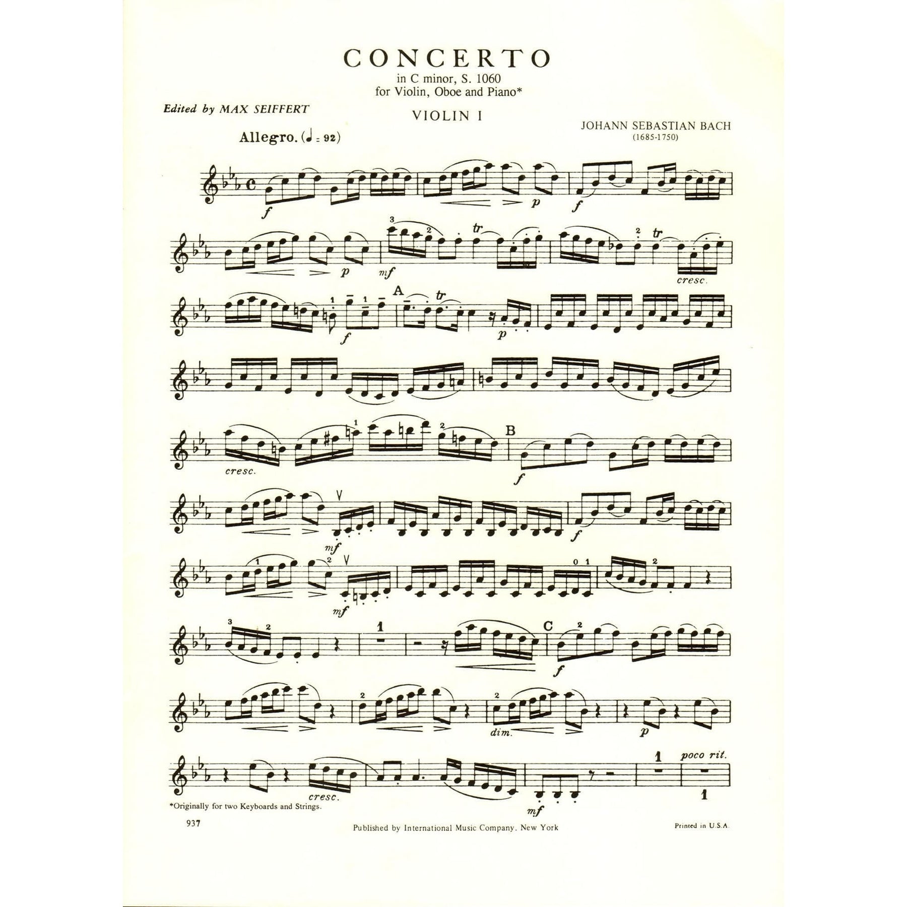 Bach, JS - Concerto in c minor, BWV 1060R - Violin, Oboe, and Piano / Two Violins and Piano - edited by Max Seiffert - International Music Company