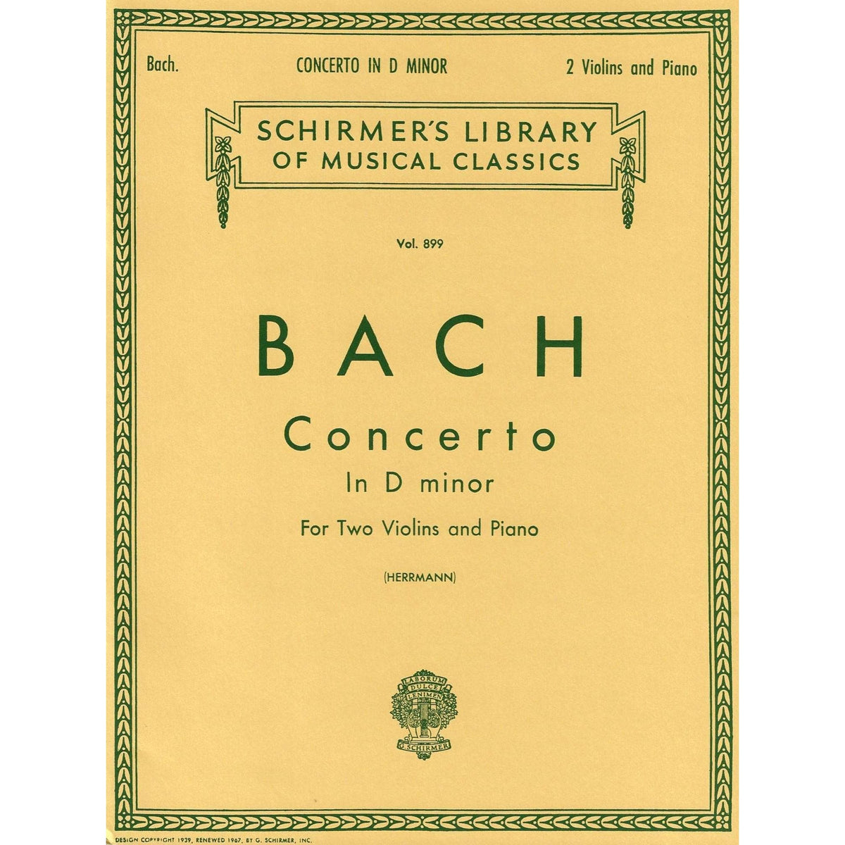 Bach, JS - Double Concerto in d minor, BWV 1043 - Two Violins and Piano - edited by Herrmann - Schirmer Edition