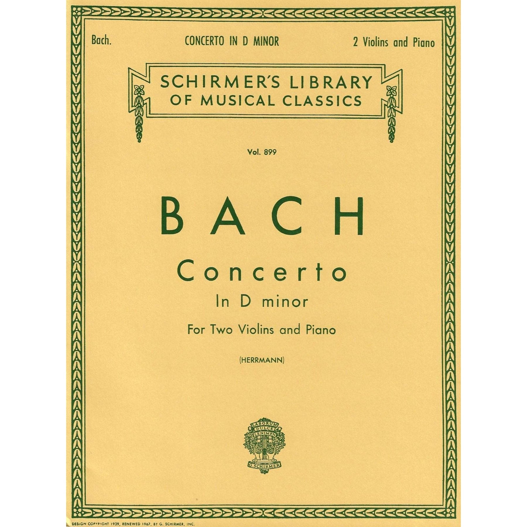 Bach, JS - Double Concerto in d minor, BWV 1043 - Two Violins and Piano - edited by Herrmann - Schirmer Edition