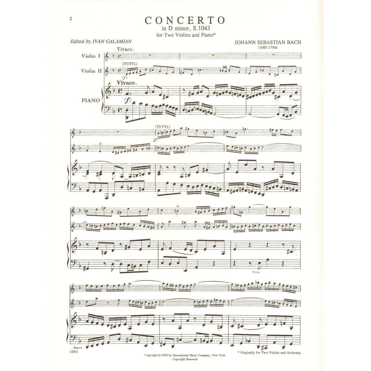 Bach, JS - Double Concerto in d minor, BWV 1043 - Two Violins and Piano - edited by Ivan Galamian - International Edition