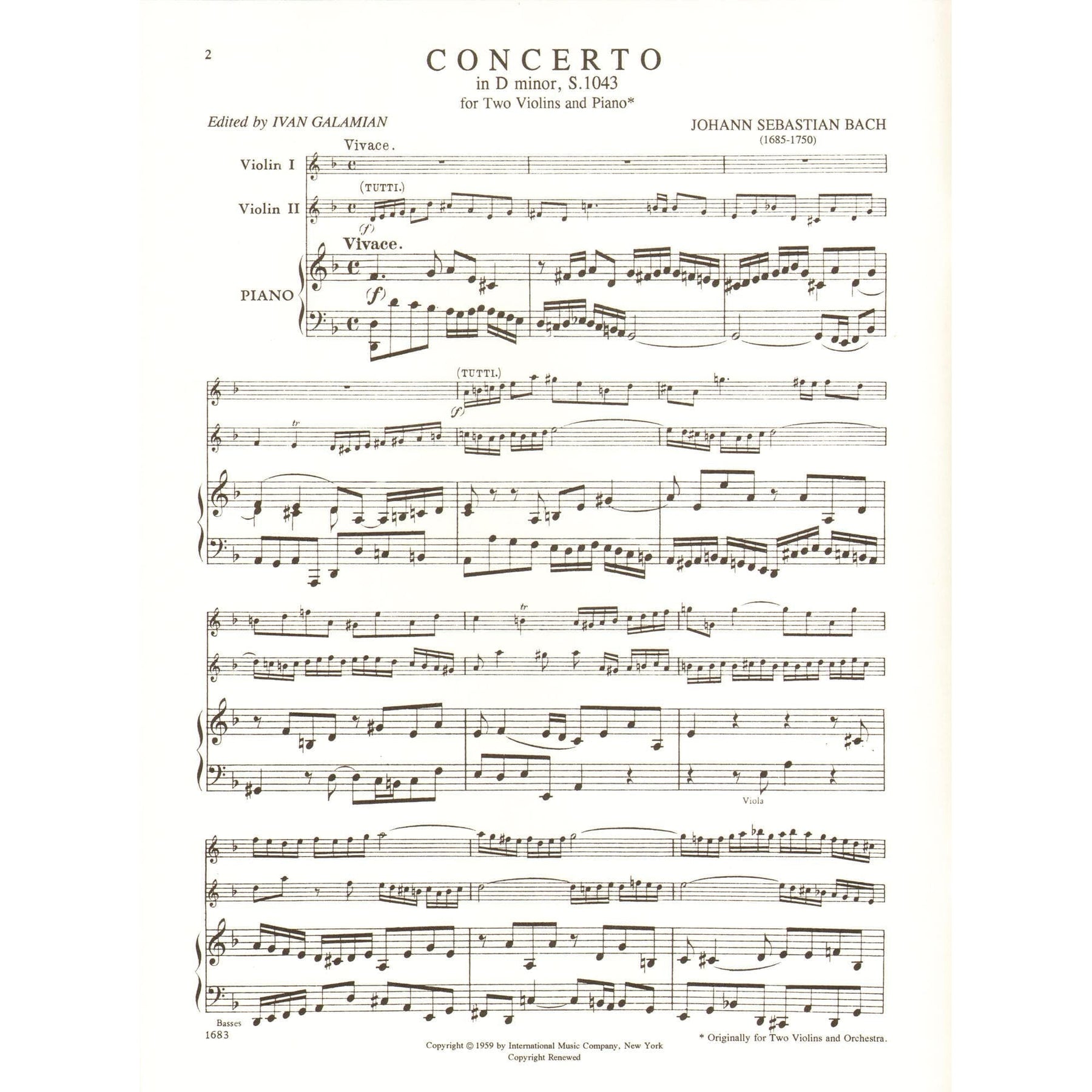 Bach, JS - Double Concerto in d minor, BWV 1043 - Two Violins and Piano - edited by Ivan Galamian - International Edition