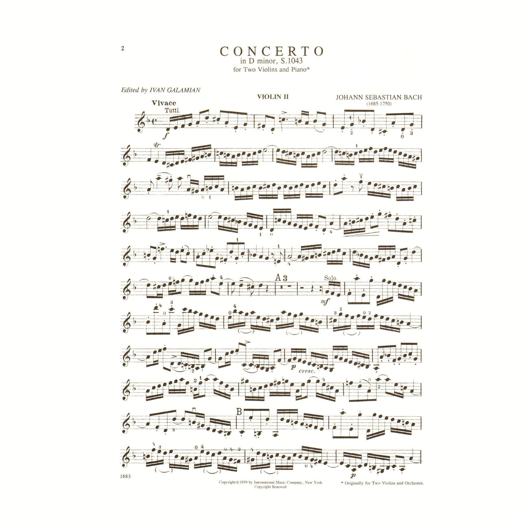 Bach, JS - Double Concerto in d minor, BWV 1043 - Two Violins and Piano - edited by Ivan Galamian - International Edition