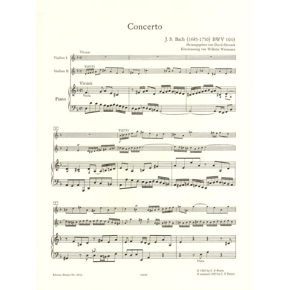 Bach, JS - Double Concerto in d minor, BWV 1043 - Two Violins and Piano - edited by Oistrakh - Edition Peters