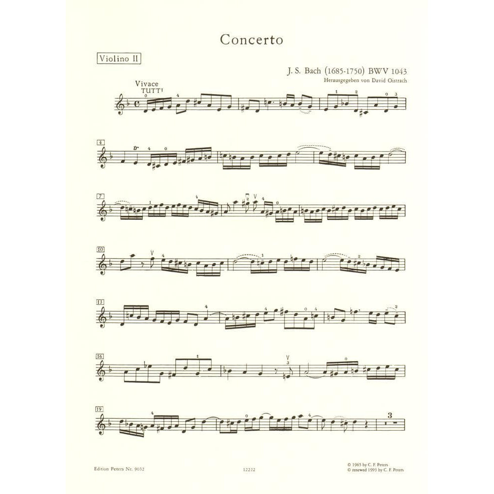 Bach, JS - Double Concerto in d minor, BWV 1043 - Two Violins and Piano - edited by Oistrakh - Edition Peters
