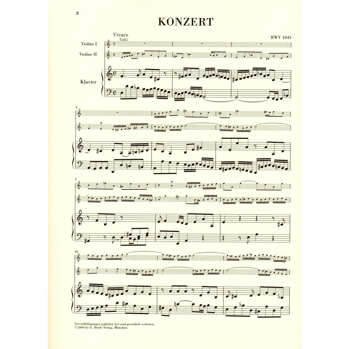 Bach, JS - Double Concerto in d minor, BWV 1043 - Two Violins and Piano - edited by Hans Eppstein - G Henle Verlag URTEXT
