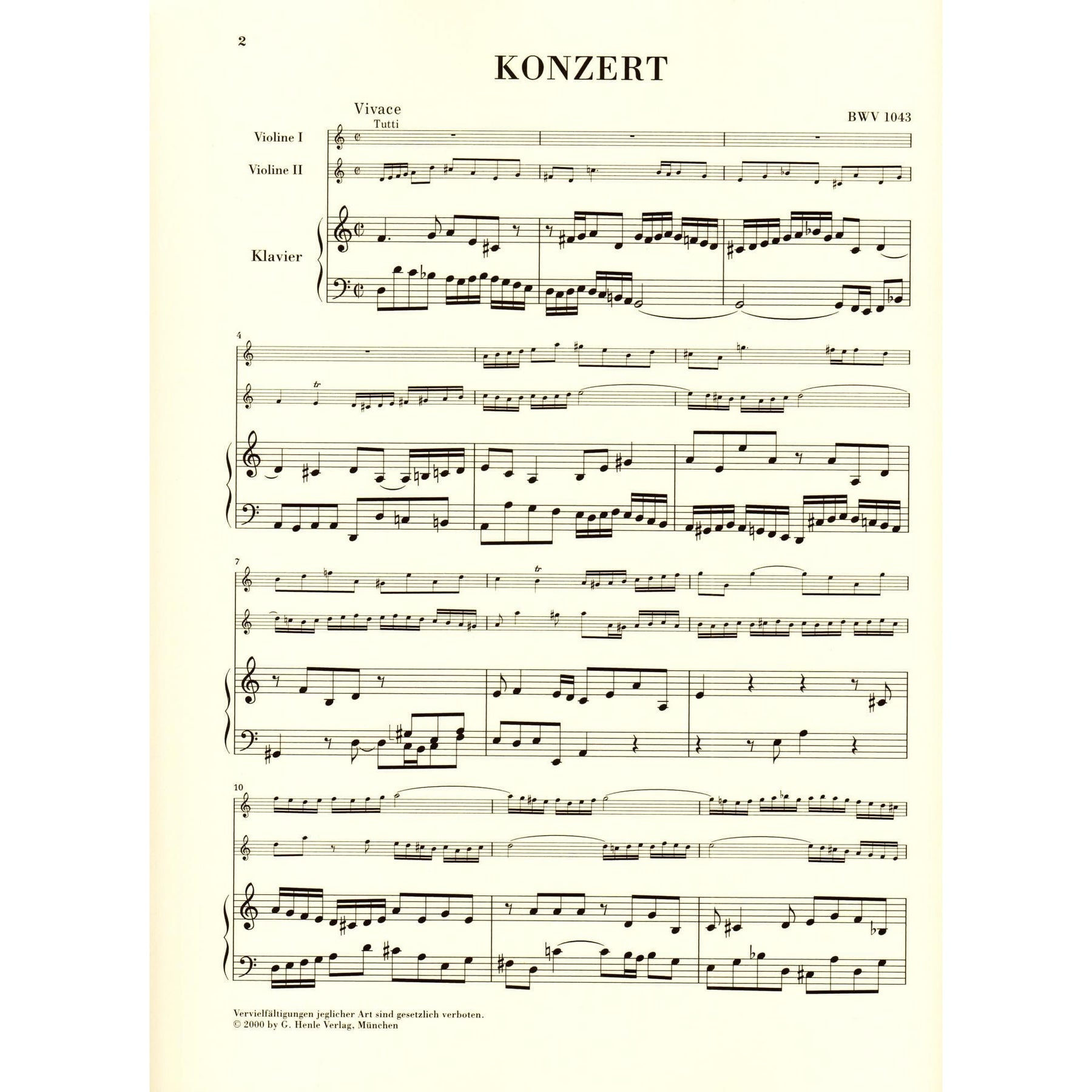 Bach, JS - Double Concerto in d minor, BWV 1043 - Two Violins and Piano - edited by Hans Eppstein - G Henle Verlag URTEXT