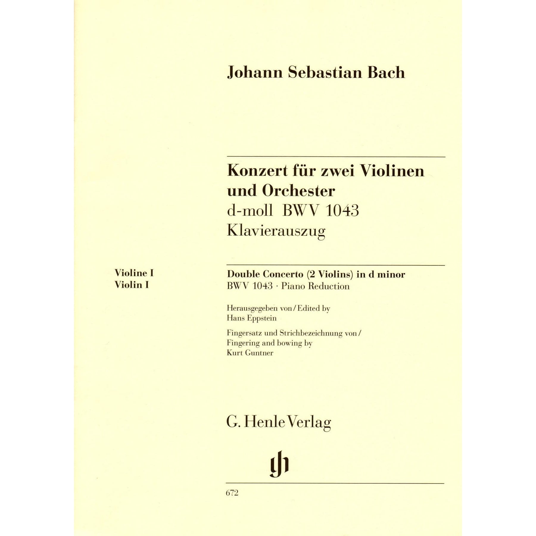 Bach, JS - Double Concerto in d minor, BWV 1043 - Two Violins and Piano - edited by Hans Eppstein - G Henle Verlag URTEXT