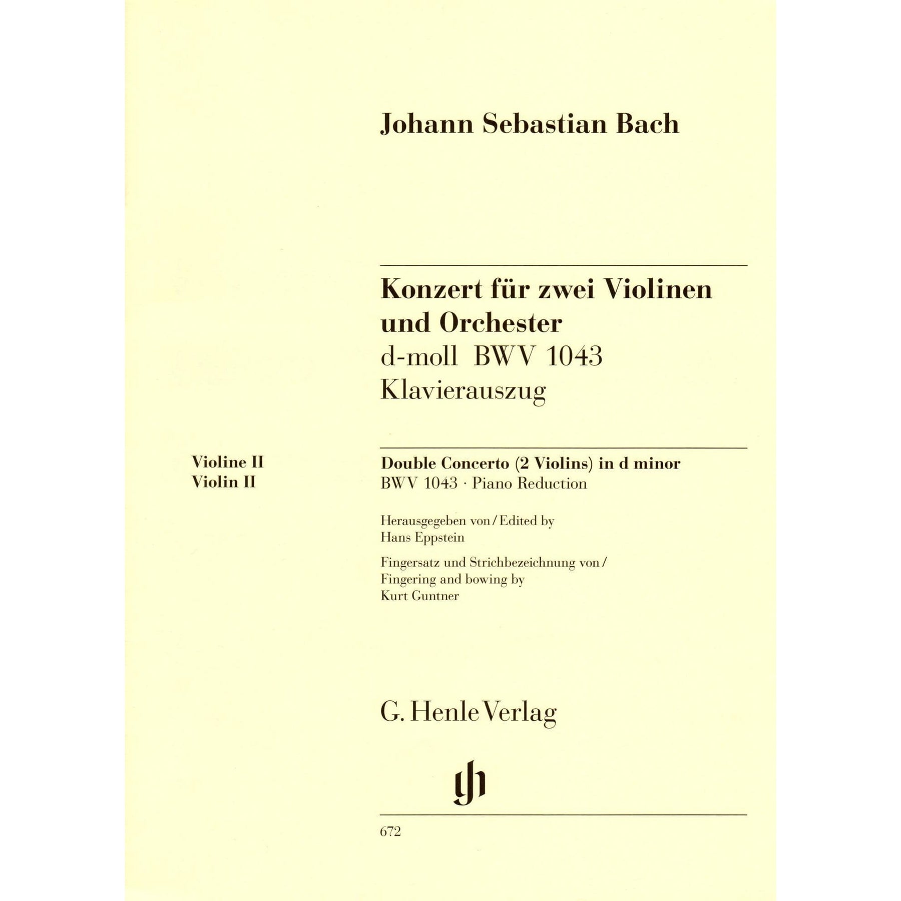 Bach, JS - Double Concerto in d minor, BWV 1043 - Two Violins and Piano - edited by Hans Eppstein - G Henle Verlag URTEXT