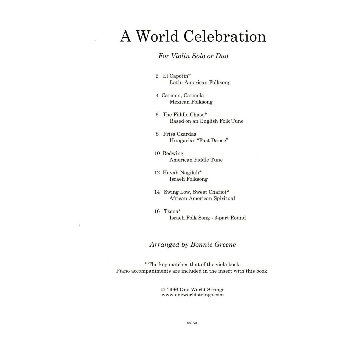 Greene, Bonnie - A World Celebration - Two Violins and Piano - One World Strings Edition