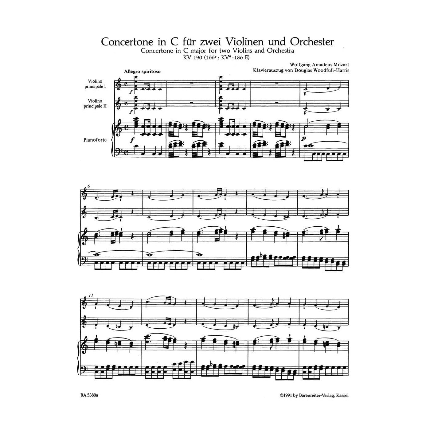 Mozart, WA - Concertone in C Major, K 190 - Two Violins and Piano - edited by Christoph Hellmut Mahling - Bärenreiter Verlag URTEXT