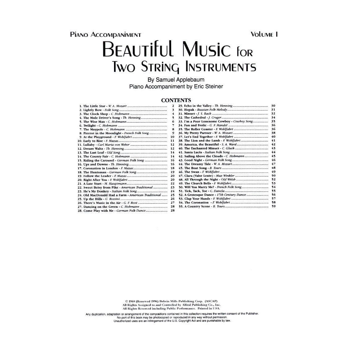 Applebaum, Samuel - Beautiful Music For Two String Instruments - Volume 1 for Piano Accompaniment - Belwin/Mills Publication