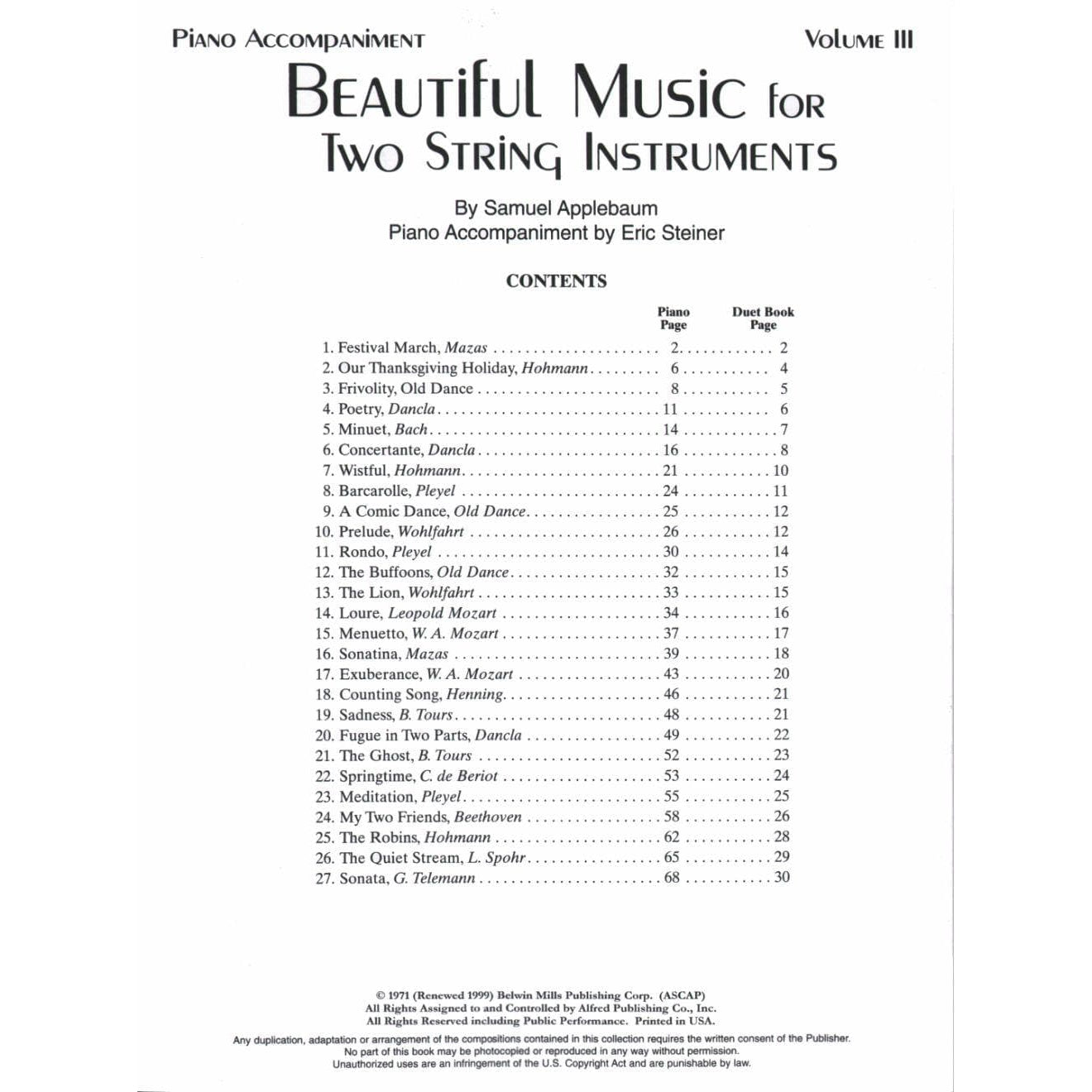 Applebaum, Samuel - Beautiful Music For Two String Instruments Volume 3 Piano Accompaniment - Arranged by Steiner - Belwin-Mills Publication