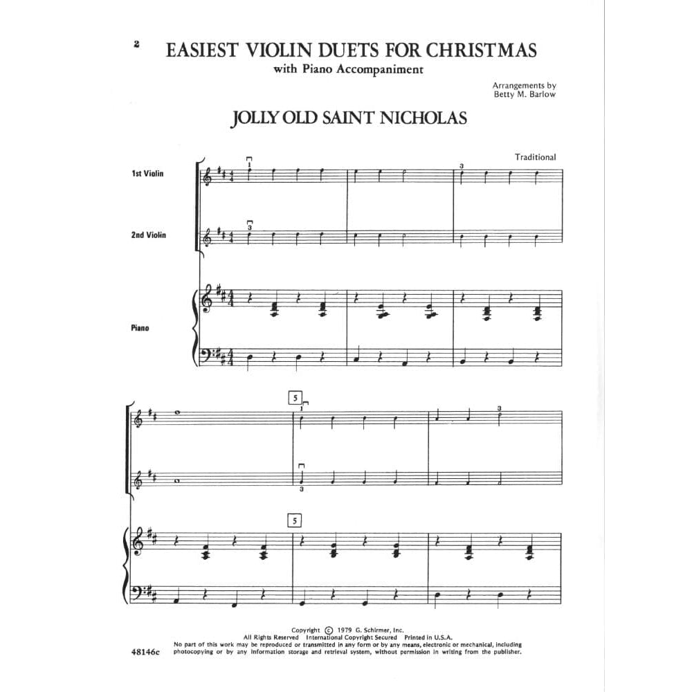 Barlow, Betty - Easiest Violin Duets for Christmas Book 1 with Piano Accompaniment - Schirmer Edition