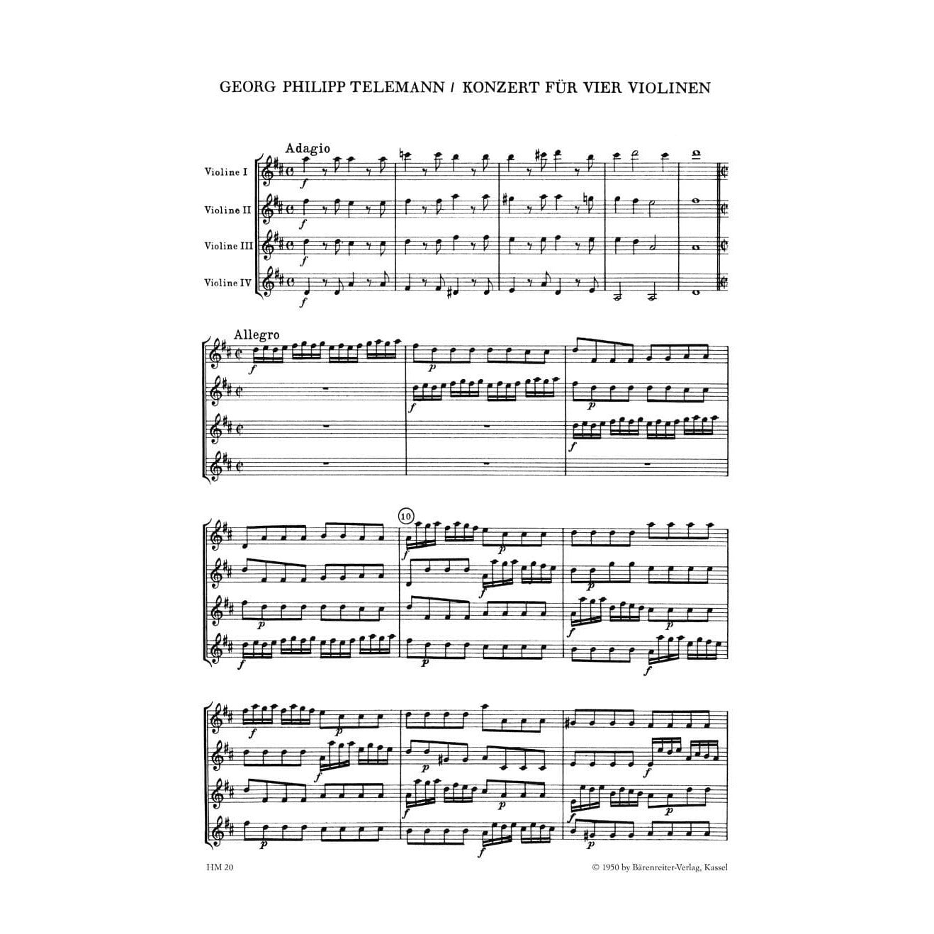 Telemann, Georg Philipp - Concerto in D Major, TWV 40:202 - for Four Violins - Barenreiter URTEXT