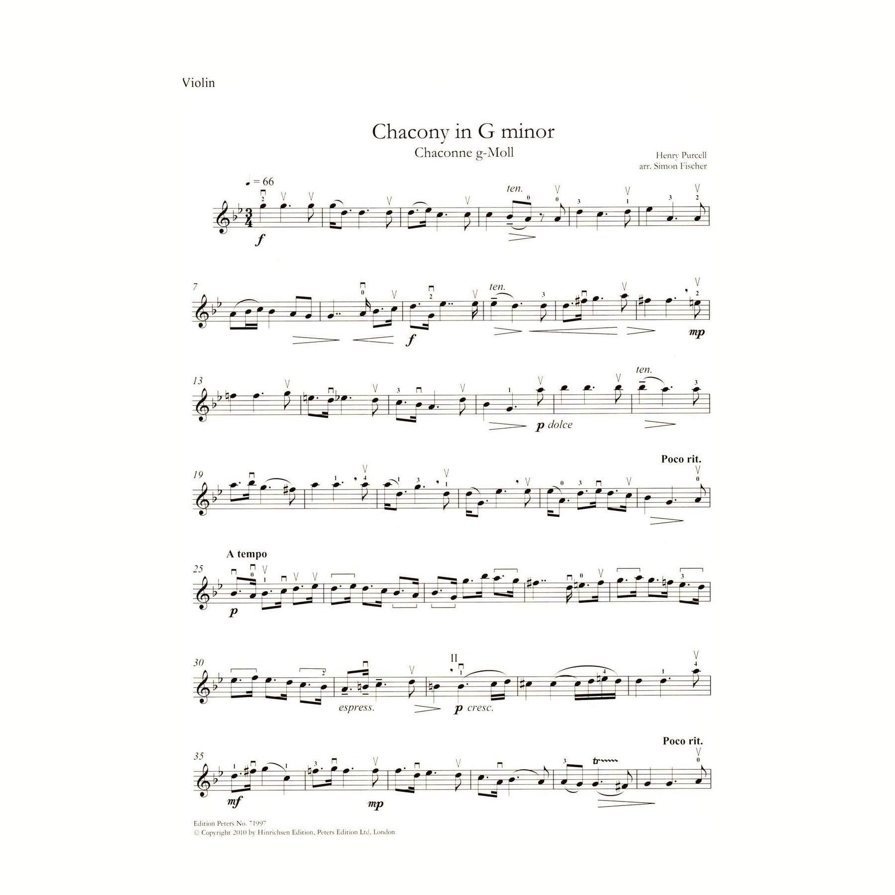 Purcell, Henry - Chacony in G minor - for Violin and Piano - transcribed by Simon Fischer - Edition Peters