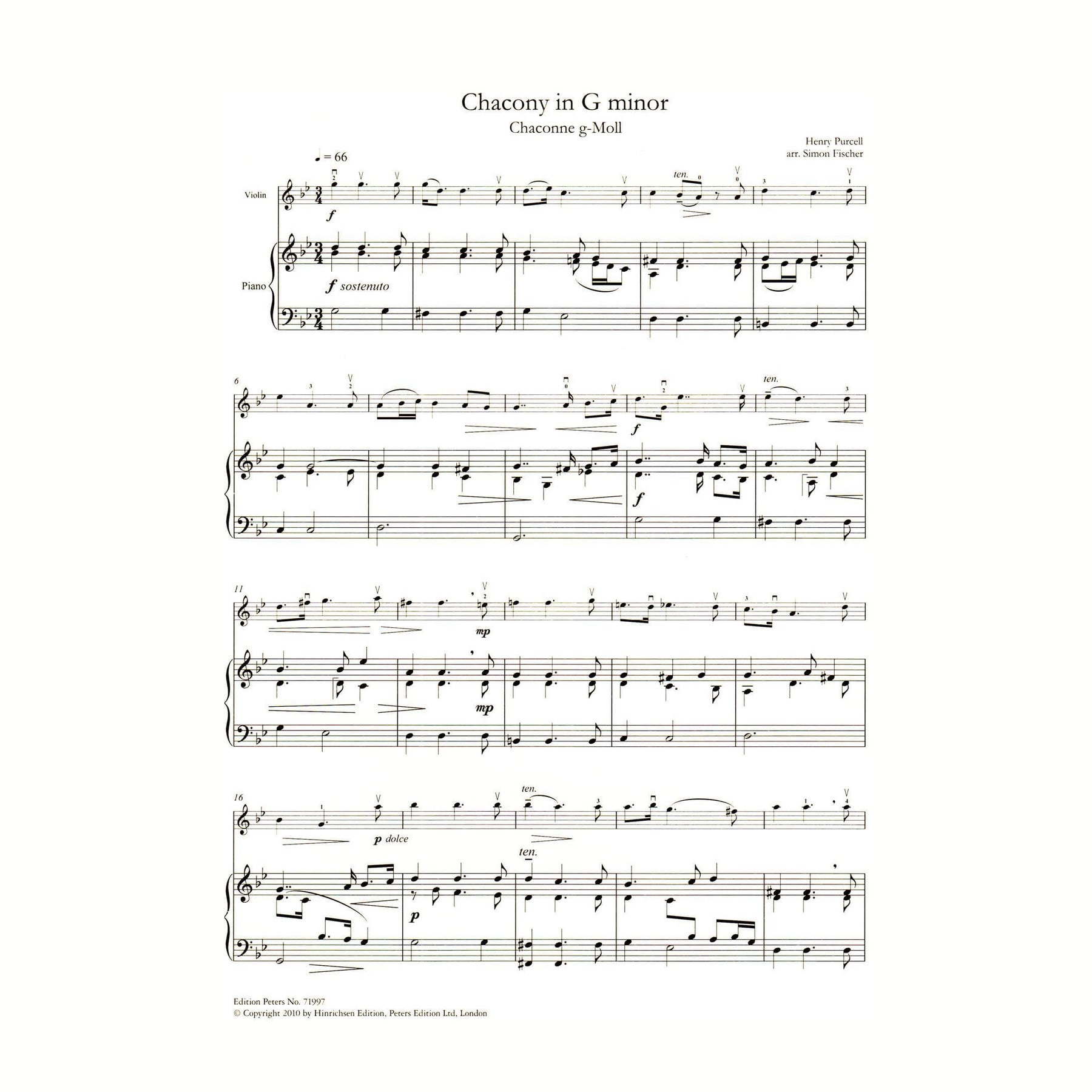 Purcell, Henry - Chacony in G minor - for Violin and Piano - transcribed by Simon Fischer - Edition Peters