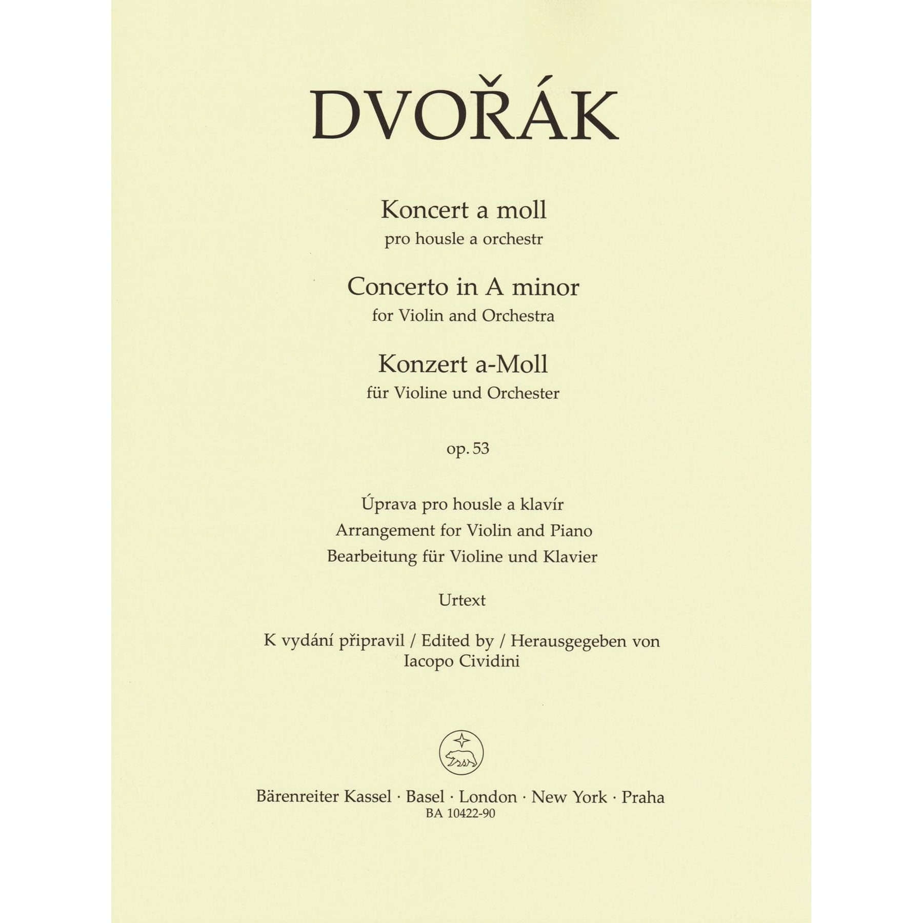 Dvorak, Antonin - Concerto in A minor, op. 53 - for Violin and Piano - edited by Iacopo Cividini - Barenreiter URTEXT