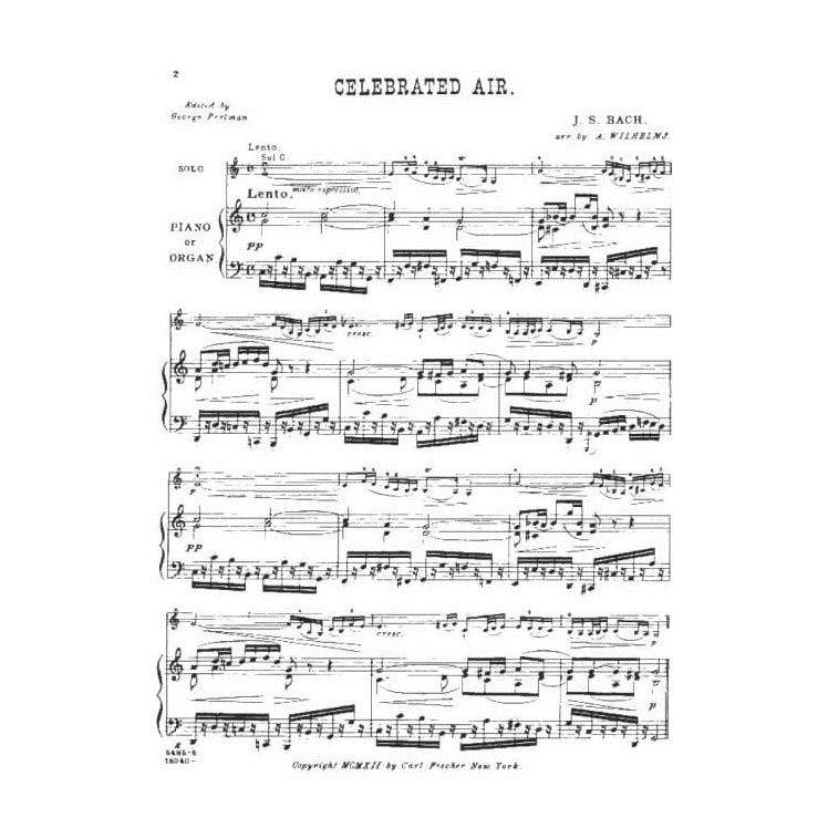 Bach, JS - Air on the G-string from Bach's Orchestral Suite No 3 - Violin and Piano - edited and arranged by August Wilhelmj - Carl Fischer
