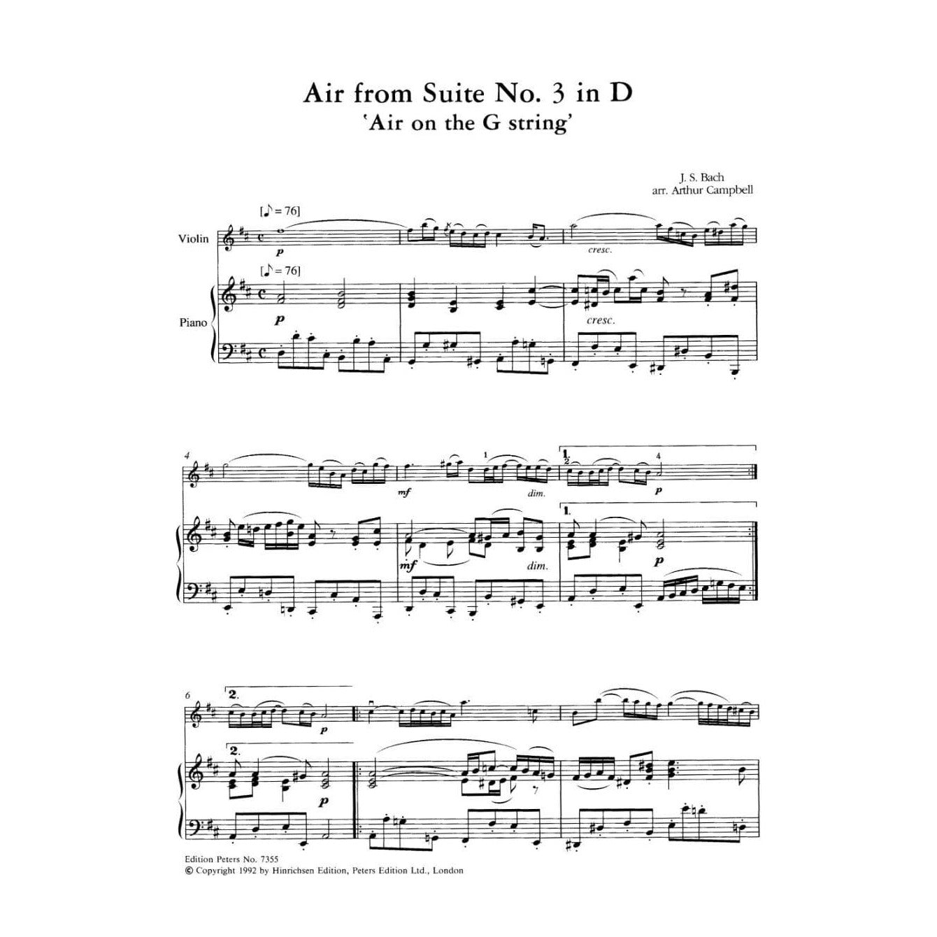 Bach, JS - Air on the G String BWV 1068 for Violin - Arranged by Campbell - Peters Edition