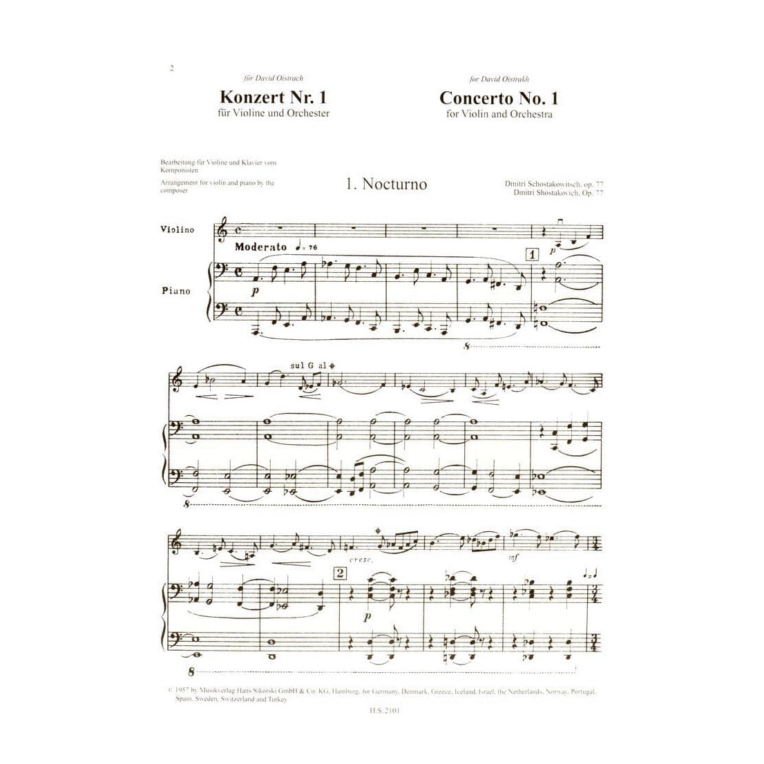 Shostakovich, Dmitri - Concerto No 1 Op 77 - for Violin and Piano - Edition Sikorski