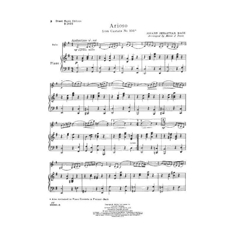 Bach, JS - Arioso from Cantata No 156 - Violin and Piano - arranged by Merle J Isaac - Carl Fischer