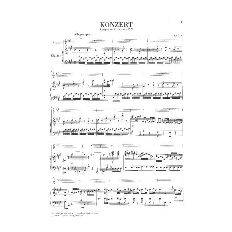 Mozart, WA - Violin Concerto No 5 in A Major, K 219 - Violin and Piano - Kurt Guntner - Henle