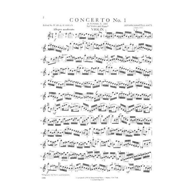 Bach, JS - Violin Concerto No 1 in A Minor, BWV 1041 - Violin and Piano - edited by Ivan Galamian - International Music Company