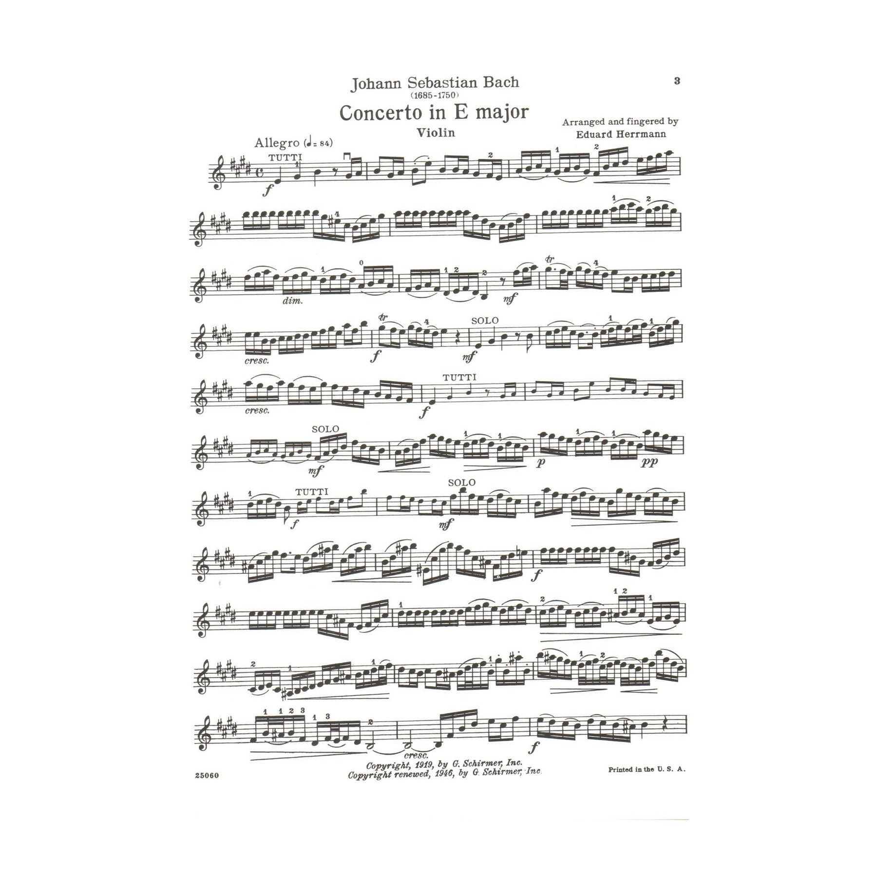 Bach, JS - Violin Concerto No 2 in E Major, BWV 1042 - Violin and Piano - edited by Herrmann - Schirmer
