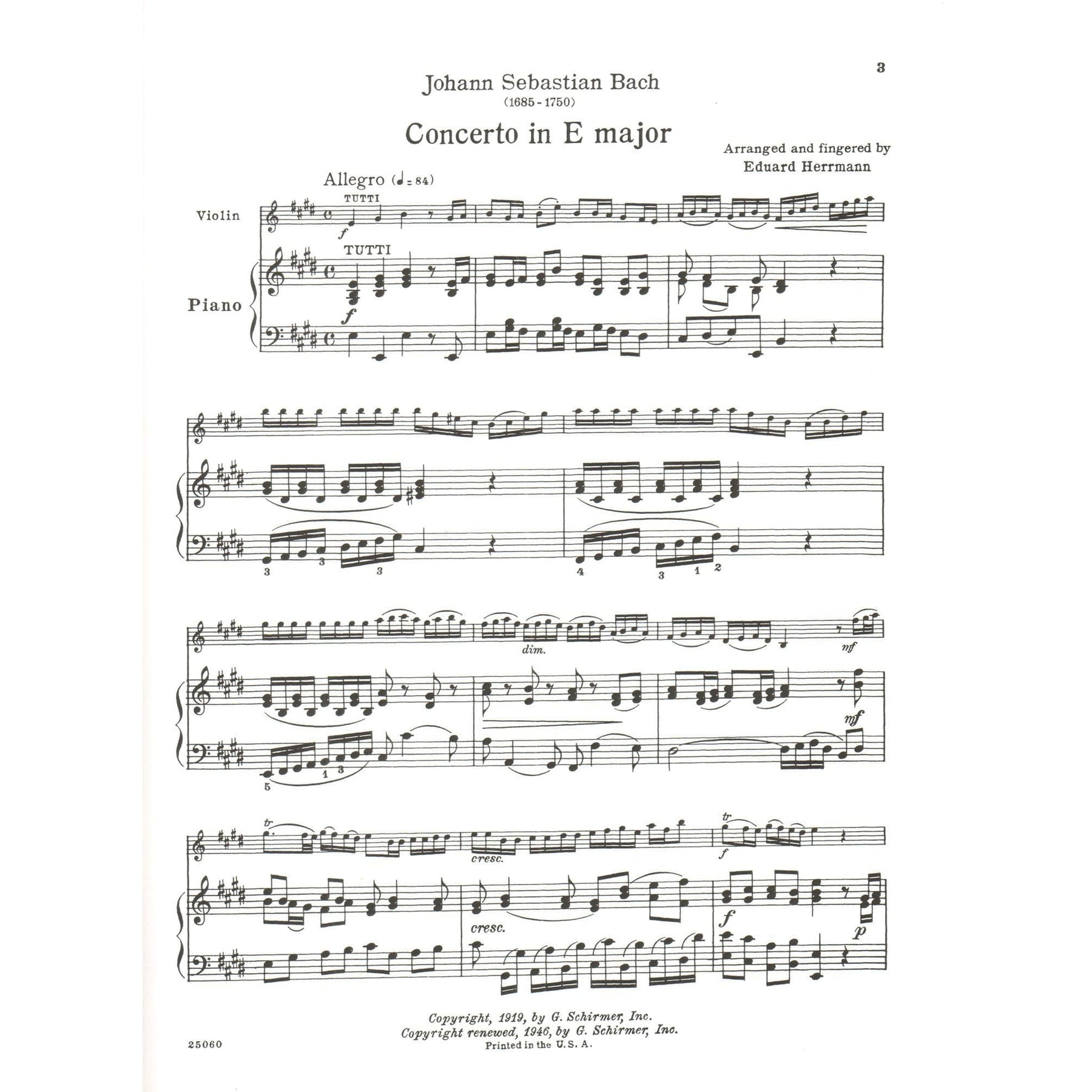 Bach, JS - Violin Concerto No 2 in E Major, BWV 1042 - Violin and Piano - edited by Herrmann - Schirmer