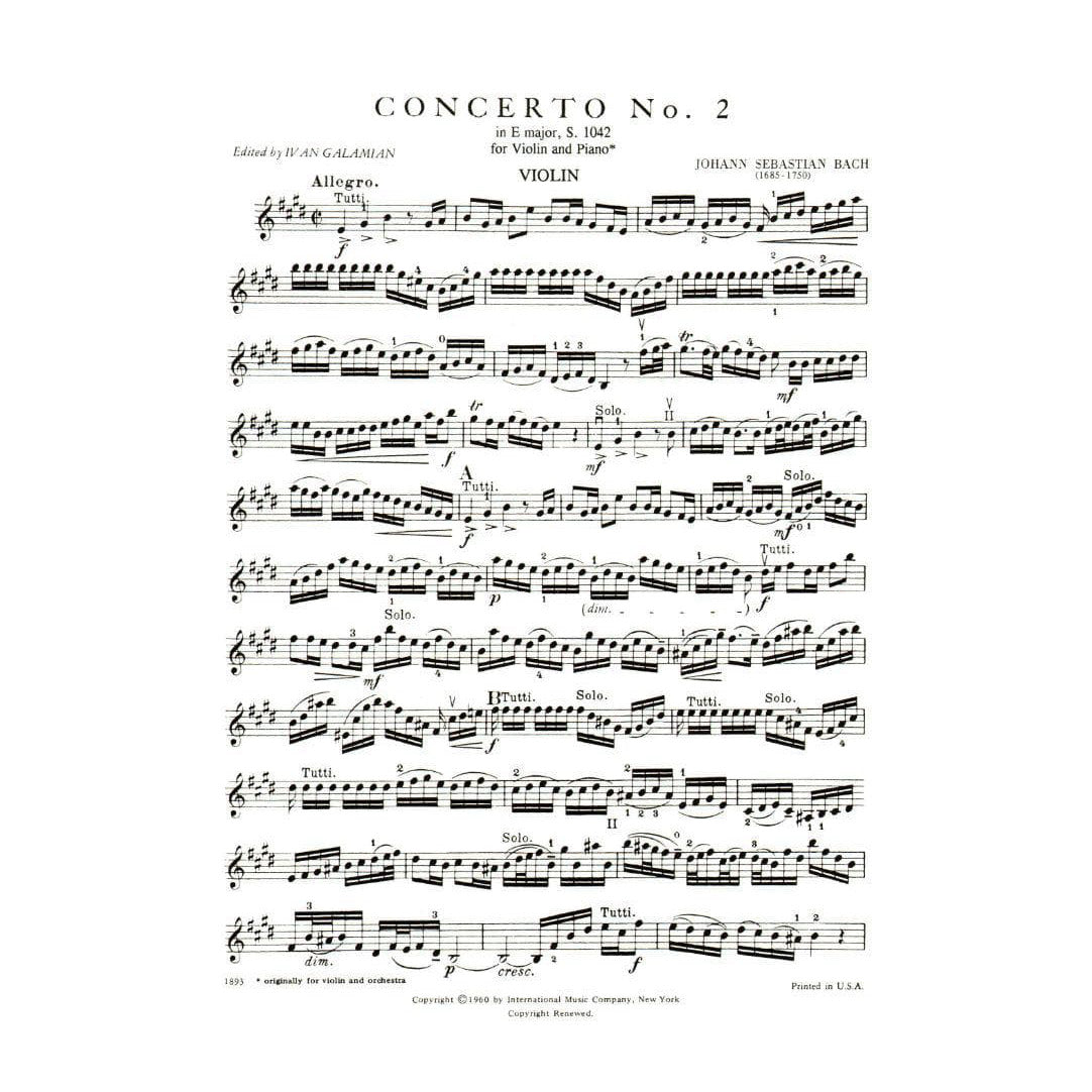 Bach, JS - Concerto No 2 in E Major BWV 1042 for Violin and Piano - Arranged by Galamian - International Edition