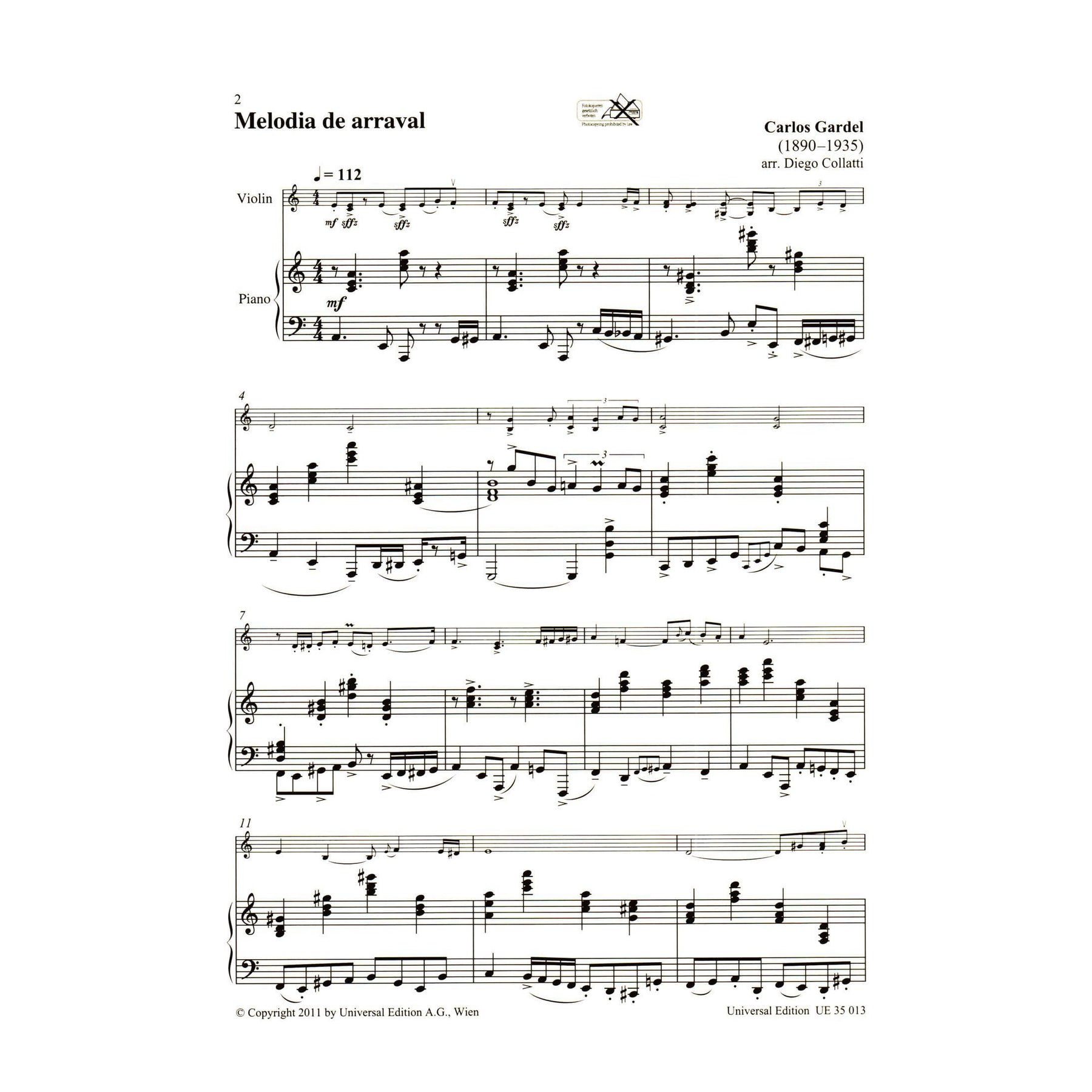 Carlos Gardel - Tango - Five Tangos arranged by Diego Collatti for Violin and Piano - Universal Edition