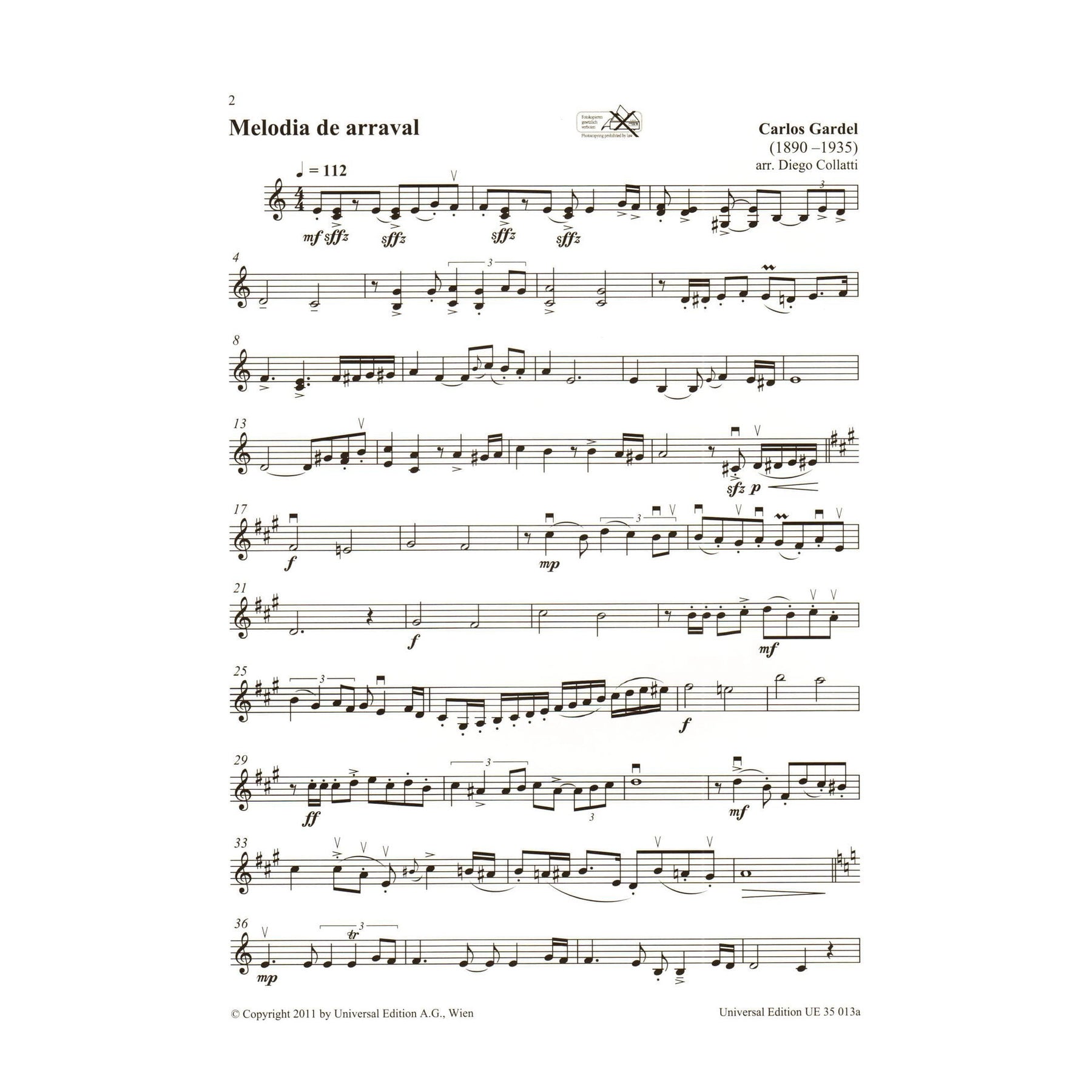 Carlos Gardel - Tango - Five Tangos arranged by Diego Collatti for Violin and Piano - Universal Edition