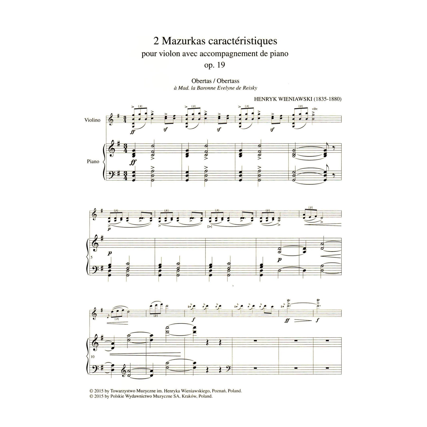 Wieniawski, Henryk - Two Mazurkas, Op. 19 - for Violin and Piano - edited by Zofia Chechlinska - PWM Edition