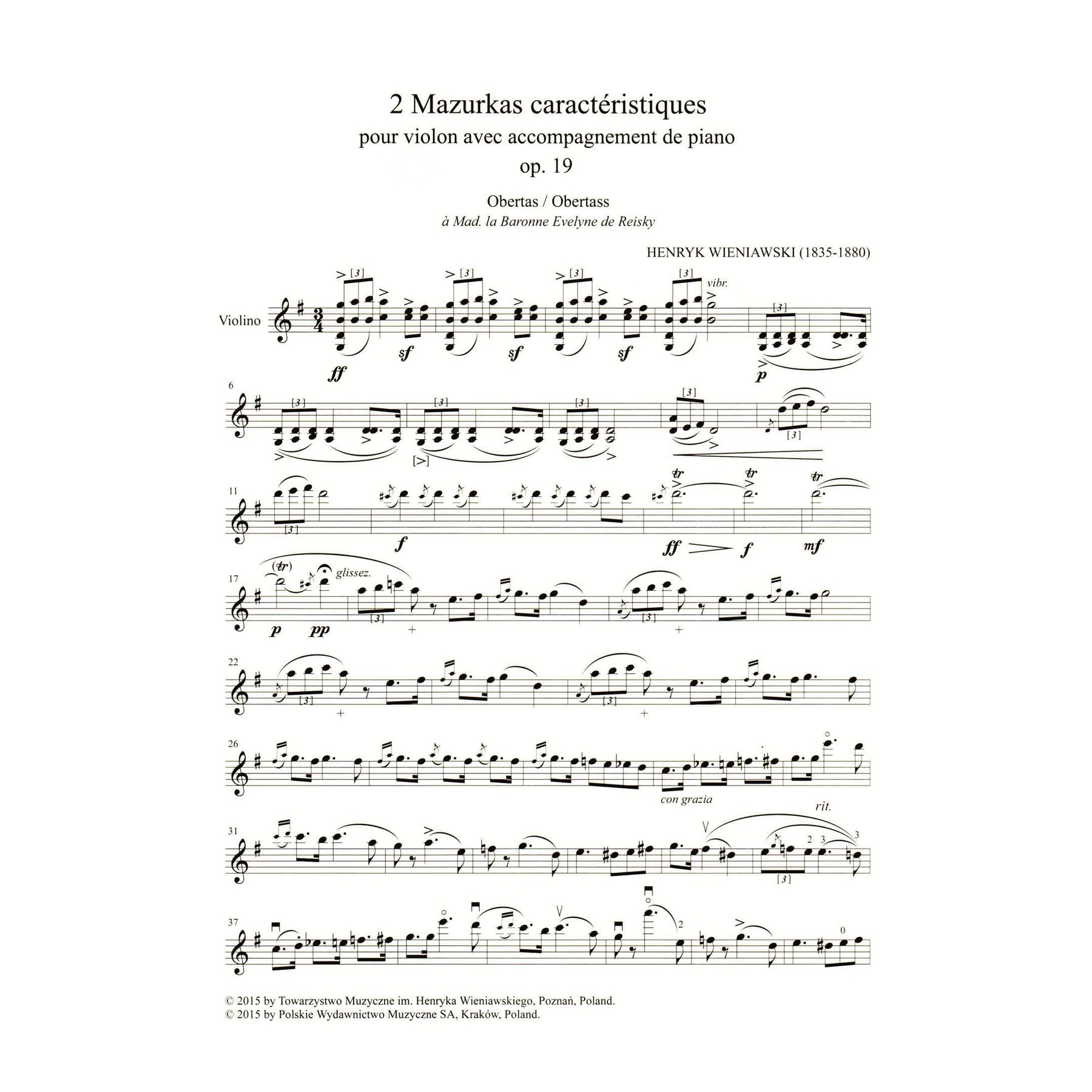 Wieniawski, Henryk - Two Mazurkas, Op. 19 - for Violin and Piano - edited by Zofia Chechlinska - PWM Edition