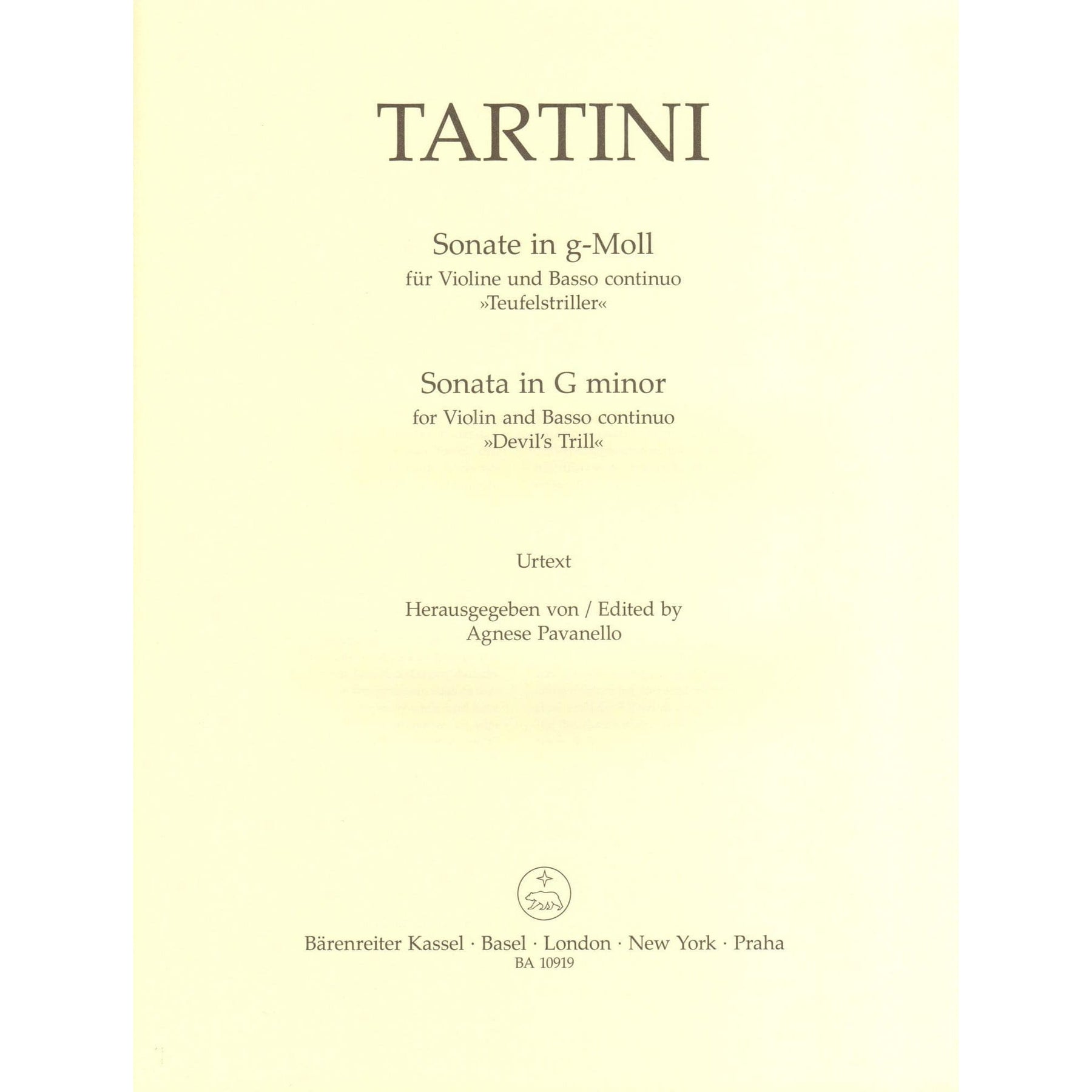 Tartini, Giuseppe - Sonata in G minor ("Devil's Trill") - for Violin and Basso continuo - Barenreiter URTEXT
