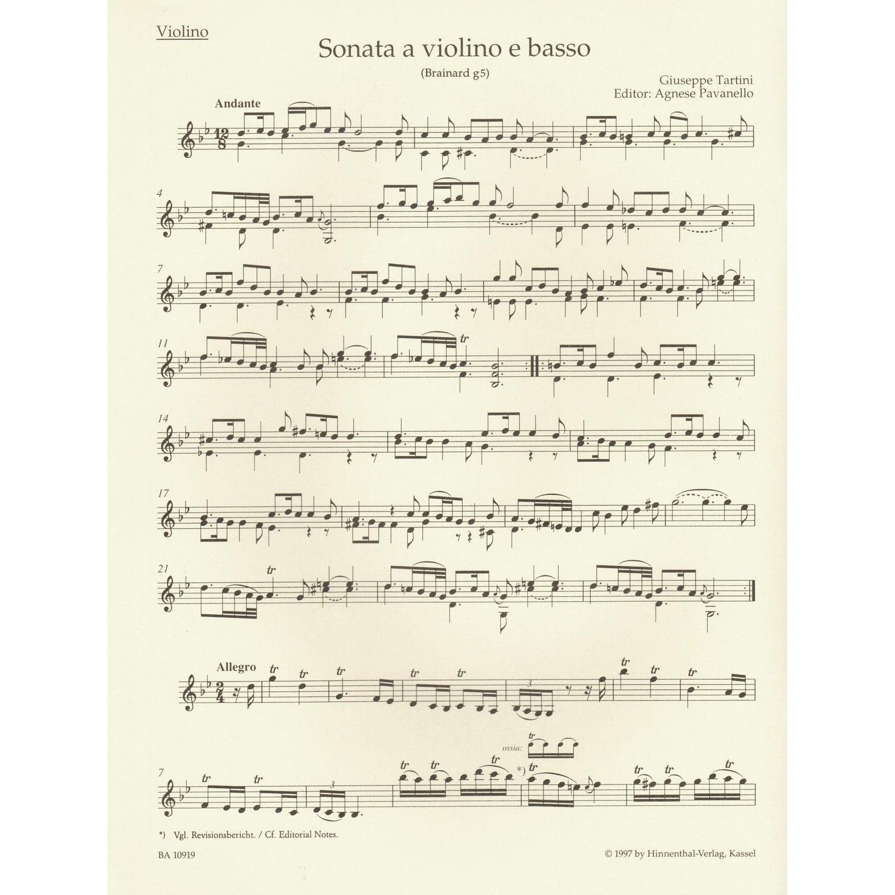 Tartini, Giuseppe - Sonata in G minor ("Devil's Trill") - for Violin and Basso continuo - Barenreiter URTEXT