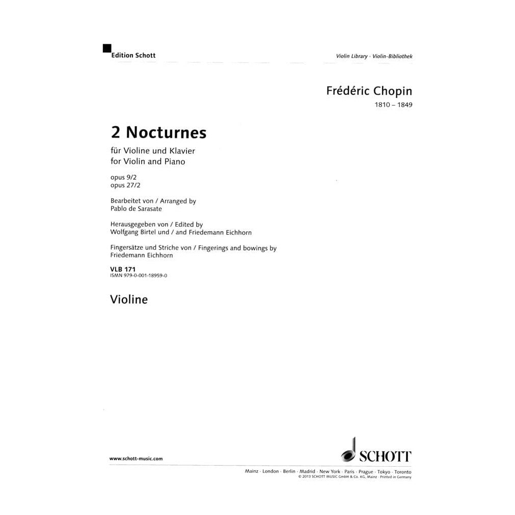 Chopin/Sarasate - 2 Nocturnes, Op 9/2 and Op 27/2 - for Violin and Piano -Schott
