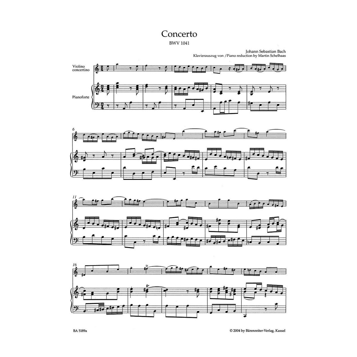 Bach, JS - Concerto No 1 in a minor BWV 1041 for Violin and Piano - Barenreiter Verlag URTEXT Edition