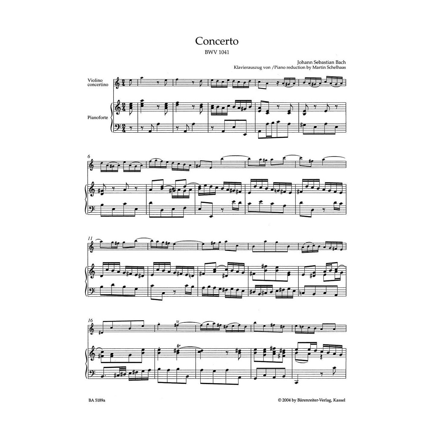 Bach, JS - Concerto No 1 in a minor BWV 1041 for Violin and Piano - Barenreiter Verlag URTEXT Edition